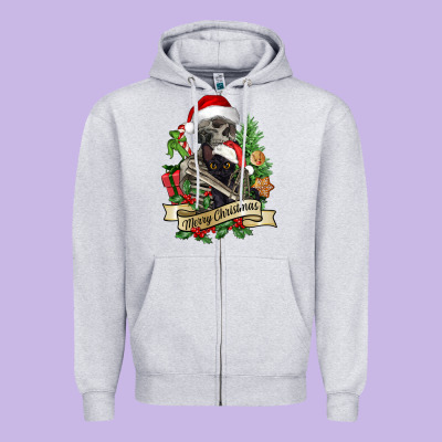 Merry Christmas Skeleton With Black Cat Zipper Hoodie Designed By Nancycooperartshop