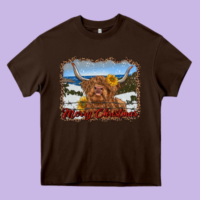 Merry Christmas Highland Cow With Farm Heavy Core Tee Designed By Ranaportraitstore