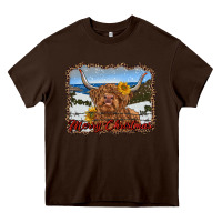 Chocolate Brown merry christmas highland cow with farm Heavy Core Tee - RanaPortraitStore
