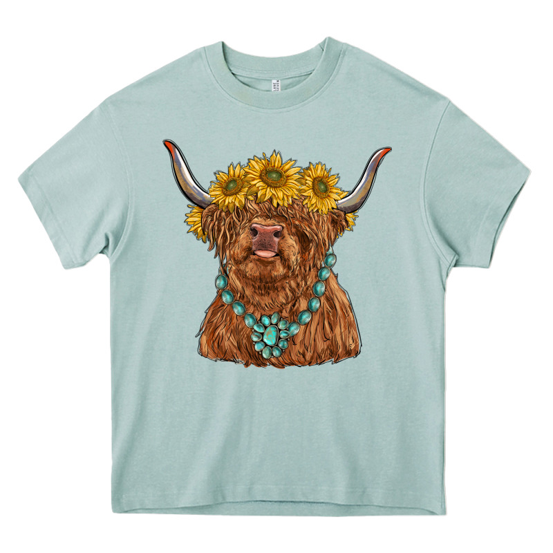 Highland Cow With Sunflower And Gemstone Heavy Core Tee by RanaPortraitStore | Teevron