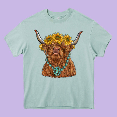 Highland Cow With Sunflower And Gemstone Heavy Core Tee Designed By Ranaportraitstore