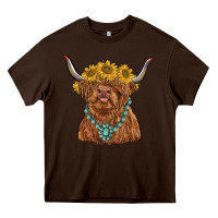 Chocolate Brown highland cow with sunflower and gemstone Heavy Core Tee - RanaPortraitStore