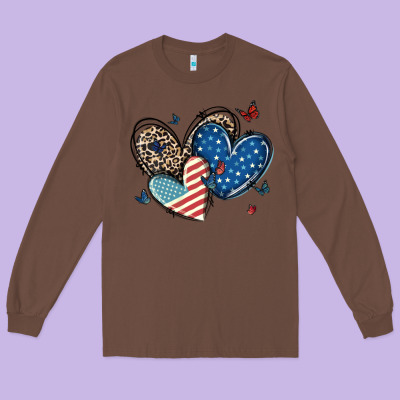 American Flag Leopard Hearts Long Sleeve Tee Designed By Maliassmallbusiness