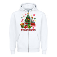 White merry christmas tree with gift box Zipper Hoodie - MaliasSmallBusiness