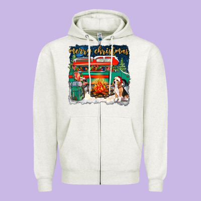 Merry Christmas With Camper Van Zipper Hoodie Designed By Nancycooperartshop