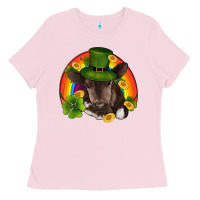 Bubblegum Pink st patricks day baby cow shamrock rainbow gold Ladies Tee - RanaPortraitStore