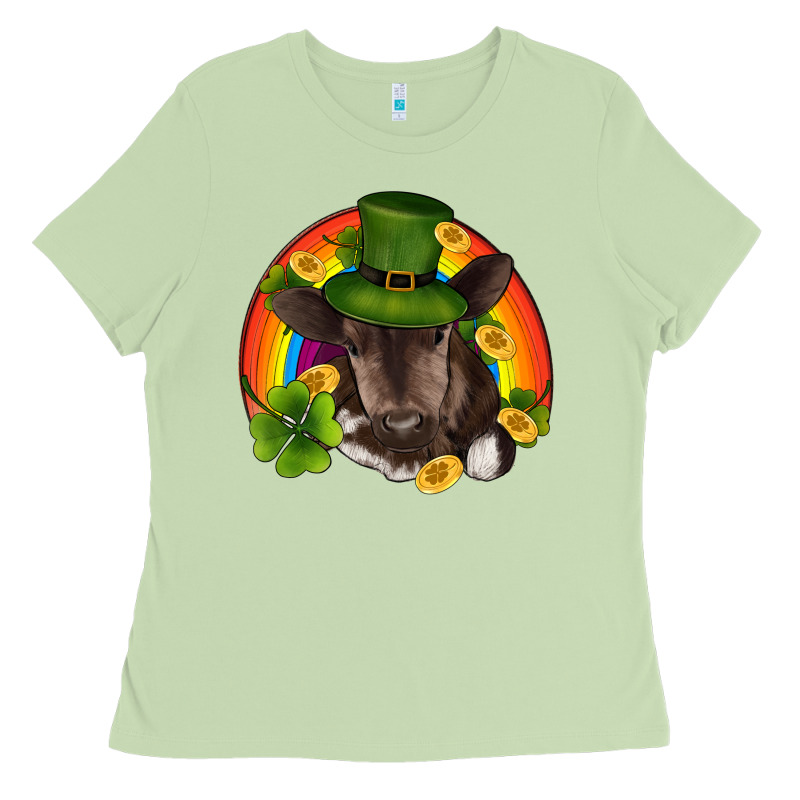St Patricks Day Baby Cow Shamrock Rainbow Gold Ladies Tee by RanaPortraitStore | Teevron
