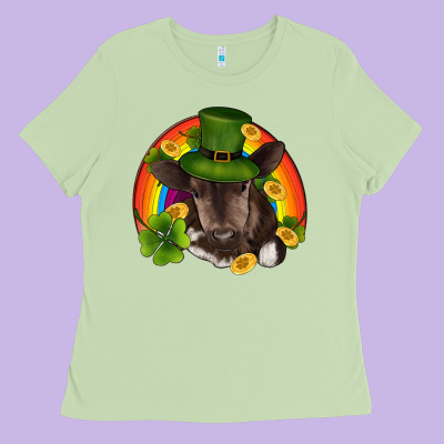St Patricks Day Baby Cow Shamrock Rainbow Gold Ladies Tee Designed By Ranaportraitstore