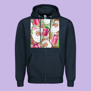 Pink Christmas Santa Claus And Gift Box Zipper Hoodie Designed By Nancycooperartshop