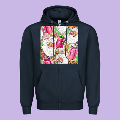 Pink Christmas Santa Claus And Gift Box Zipper Hoodie Designed By Nancycooperartshop