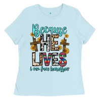 Baby Blue because he lives i can face tomorrow Ladies Tee - Zillion Design Studio