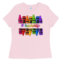 Bubblegum Pink teacher life crayons Ladies Tee - texasbilliewilder