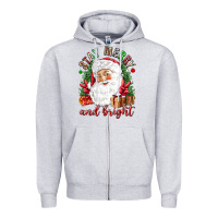 Heather Grey Stay Merry and bright Christmas with santa Zipper Hoodie - NancyCooperArtShop