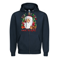 Navy Stay Merry and bright Christmas with santa Zipper Hoodie - NancyCooperArtShop