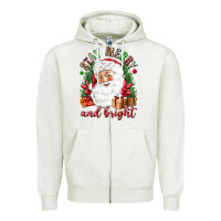 Oatmeal Heather Stay Merry and bright Christmas with santa Zipper Hoodie - NancyCooperArtShop
