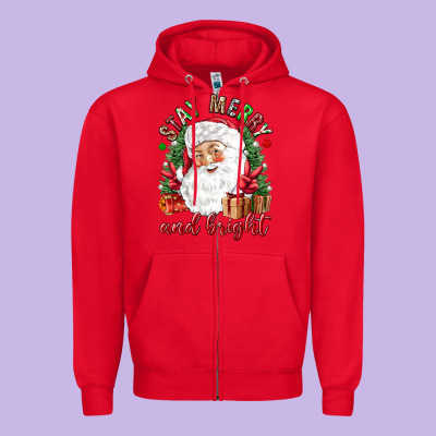 Stay Merry And Bright Christmas With Santa Zipper Hoodie Designed By Nancycooperartshop