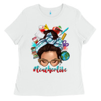 White teacher life messy bun Ladies Tee - texasbilliewilder