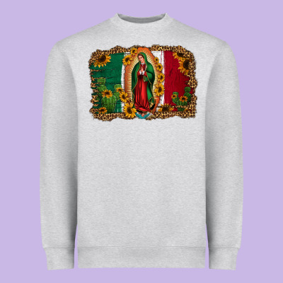 Our Lady Of Guadalupe Mexican Flag Background Heavyweight Sweatshirt Designed By Jasminsmagicworld