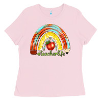 Bubblegum Pink teacher life with rainbow Ladies Tee - texasbilliewilder