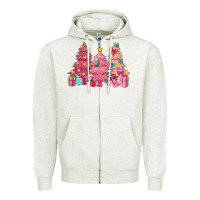 Oatmeal Heather Pink Christmas trees Zipper Hoodie - NancyCooperArtShop