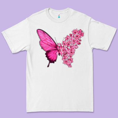 Pink Flowers And Breast Cancer Ribbon Butterfly Premium Tee Designed By Texasbilliewilder