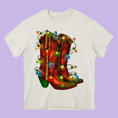 Christmas Western Boots With Lights Heavy Core Tee Designed By Ranaportraitstore