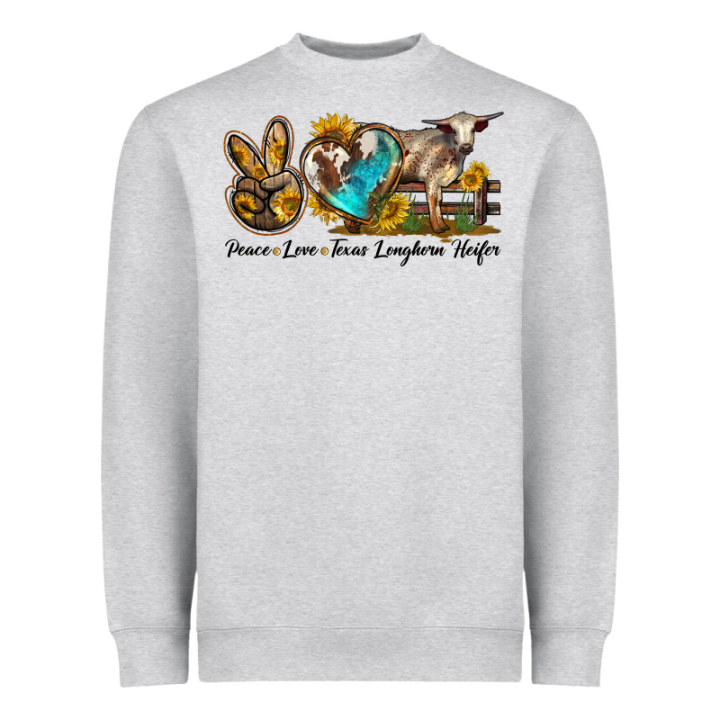 Peace Love Longhorn Heifer Heavyweight Sweatshirt by LillyAllenDesigns | Teevron