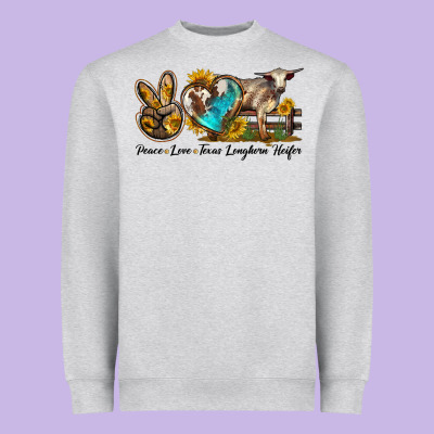 Peace Love Longhorn Heifer Heavyweight Sweatshirt Designed By Lillyallendesigns