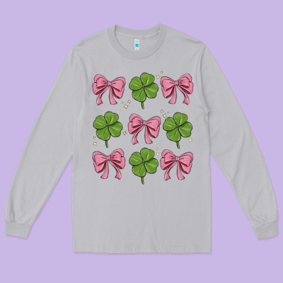 Coquette Bow Clover St. Patrick's Day Long Sleeve Tee Designed By Maliassmallbusiness
