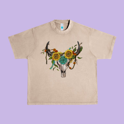 Boho Bullskull With Sunflower And Gemstone Urban Heavy Tee Designed By Artiststas
