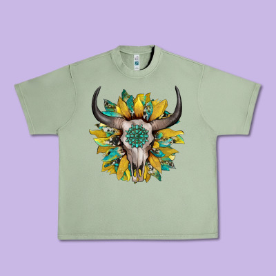 Boho Bullskull With Sunflower And Gemstone Urban Heavy Tee Designed By Artiststas
