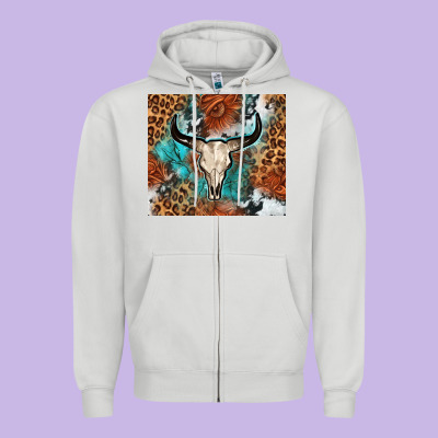 Western With Bull Skull Zipper Hoodie Designed By Nancycooperartshop