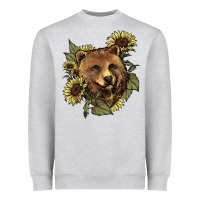 Heather Grey bear head sunflowers Heavyweight Sweatshirt - NancyCooperArtShop