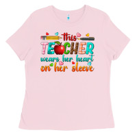 Bubblegum Pink this teacher wears her heart on her sleeve Ladies Tee - texasbilliewilder