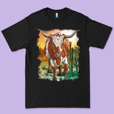 Longhorn Cow With Desert Background Premium Tee Designed By Ranaportraitstore