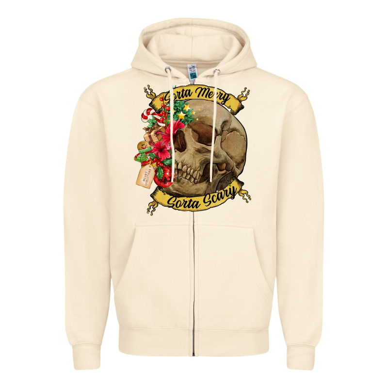 Sorta Merry Sorta Scary Skull Zipper Hoodie by NancyCooperArtShop | Teevron