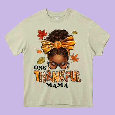 One Thankful Mama Afro Messy Bun Heavy Core Tee Designed By Texasbilliewilder