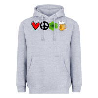Heather Grey Funny St Patricks Day Love Peace Clover and Beer Heavyweight Hoodie - Bettercallsaul