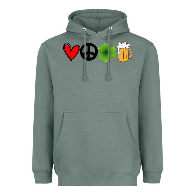 Funny St Patricks Day Love Peace Clover And Beer Heavyweight Hoodie by Bettercallsaul | Teevron