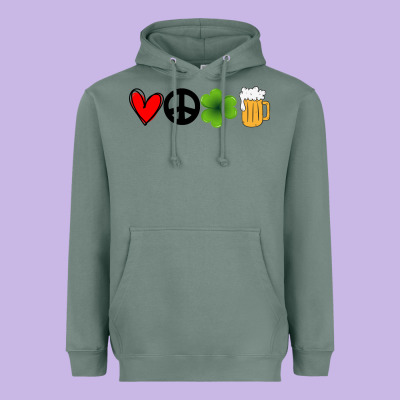 Funny St Patricks Day Love Peace Clover And Beer Heavyweight Hoodie Designed By Bettercallsaul