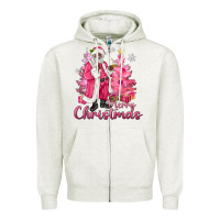 Oatmeal Heather Pink Merry Christmas Black Santa Zipper Hoodie - MaliasSmallBusiness