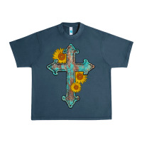 Midnight Navy turquoise sunflower cross Urban Heavy Tee - AdoDesignShop