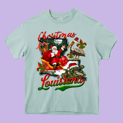Louisiana Christmas With Santa Heavy Core Tee Designed By Barkaloodesign