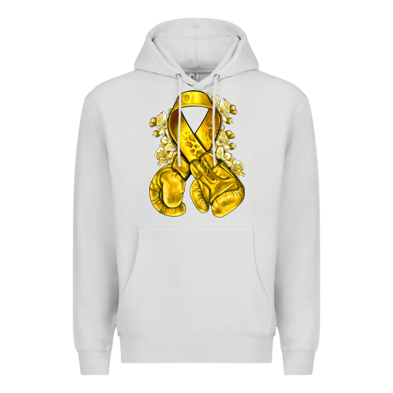 Childhood Cancer Yellow Ribbon With Boxing Gloves Premium Hoodie by NancyCooperArtShop | Teevron