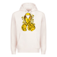 Pale Pink Childhood Cancer yellow ribbon with boxing gloves Premium Hoodie - NancyCooperArtShop