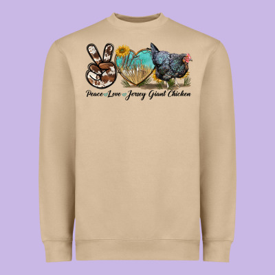 Peace Love Jersey Giant Chicken Heavyweight Sweatshirt Designed By Lillyallendesigns