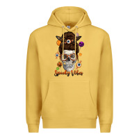 Antique Gold Spooky Vibes Skull Messy Bun Premium Hoodie - texasbilliewilder