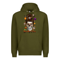 Army Green Spooky Vibes Skull Messy Bun Premium Hoodie - texasbilliewilder