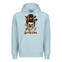 Blue Mist Spooky Vibes Skull Messy Bun Premium Hoodie - texasbilliewilder