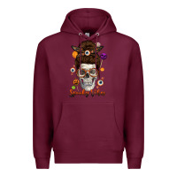 Burgundy Spooky Vibes Skull Messy Bun Premium Hoodie - texasbilliewilder